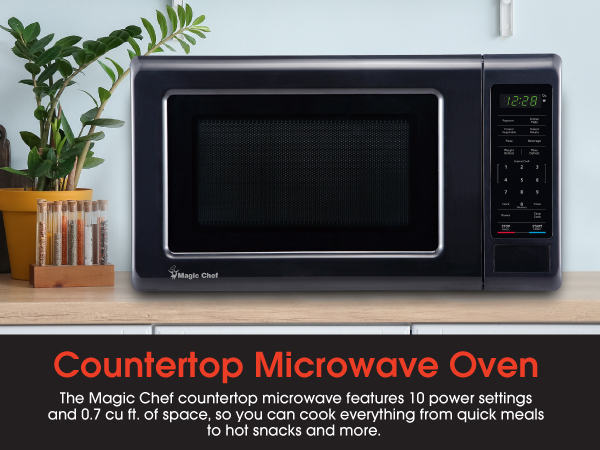 A kitchen microwave oven. Text reads: Countertop microwave oven. 