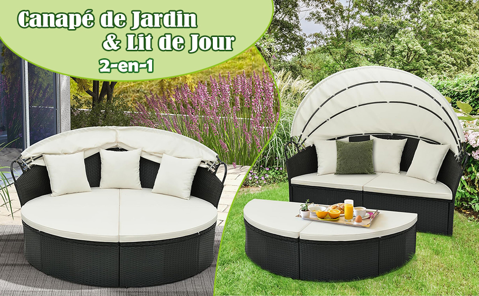 comprenant un lit de repos circulaire à baldaquin rétractable et un canapé incurvé séparé avec pouf. Cadres en osier foncé avec coussins et oreillers blancs sur une pelouse