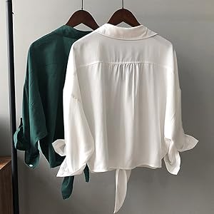 Womens V Neck Button Down Shirts 3/4 Sleeve Tie Front Loose