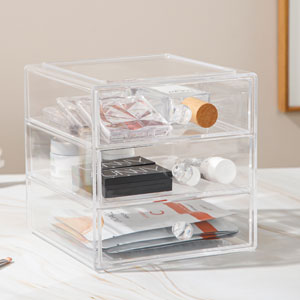 Makeup Organiser Storage Box with 3 Drawers, Acrylic Cosmetic Storage Case Jewelry Display Box Caddy for Sunglasses Jewelry Dressing Table Vanity Counter in the Bedroom Bathroom Gift Idea, Transparent 19 make-up organziser box