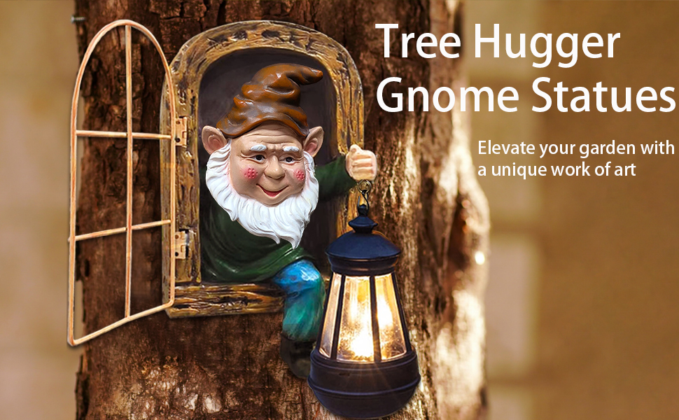 Fairy Garden Statues Gnomes Solar Lantern - Whimsical Elf Out The Door Tree Hugger Figurines Fence Wall Yard Art Home Decor Outdoor Tree Face Sculpture, Ideal Halloween Decorations 18 Fairy Garden Gnomes
