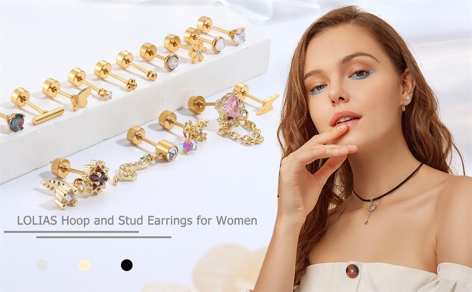 LOLIAS Cartilage Stud Hoop Earrings for Women Trendy Black