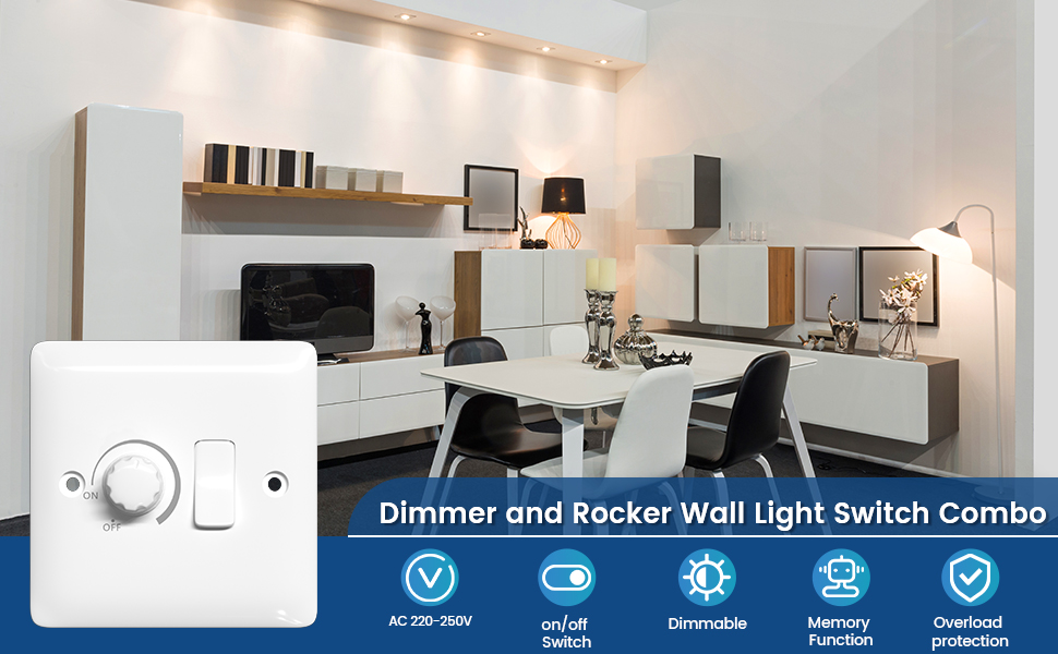 Klarlight White Dimmer and Rocker Switch Combo Wall Light Switch 2 Gang