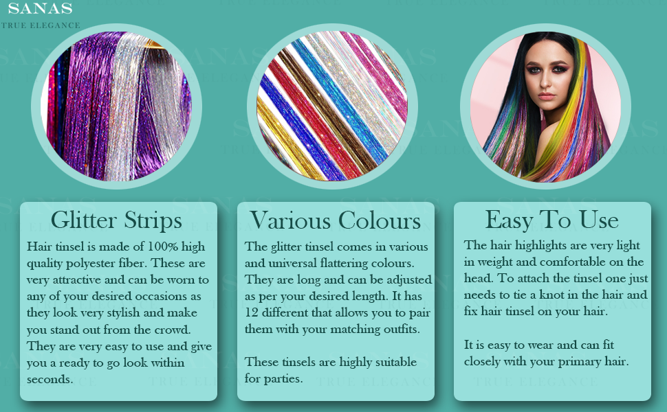 Sanas Hair Tinsel 12Pcs Glitter Hair Extensions Sparkle Hair Extensions