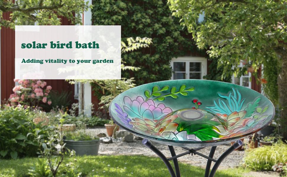 Glass Bird Bath Solar Birdbath with Metal Stand for Outdoor
