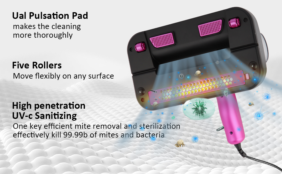 Bed Vacuum Cleaner，13Kpa Strong Suction and Low Noise, UV Light, Washable HEPA