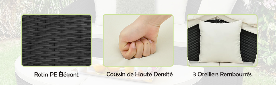 Trois panneaux présentant des matériaux de mobilier d'extérieur : une texture de rotin tressé foncé, une main serrant un coussin et des coussins blancs sur un fond tissé foncé