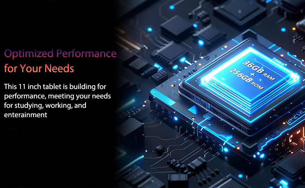 Text reads 'Optimized Performance for Your Needs'. Close-up of blue illuminated computer processor chip on circuit board with technical components.