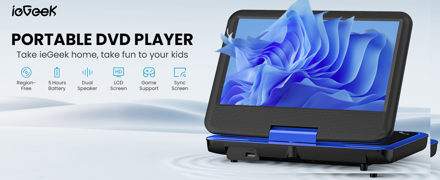 ieGeek 11.5" Portable DVD Player with SD Card/USB Port, 5 Hour