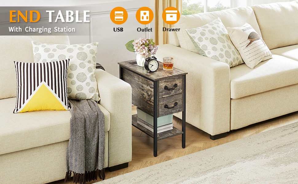 VECELO End Tables,Narrow Nightstands with Charging Station