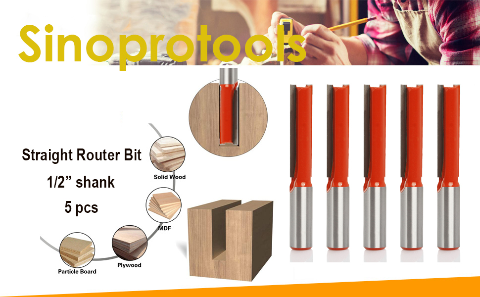 Sinoprotools 5pcs Straight Router Bits, 1/2" Shank Tungsten Carbide
