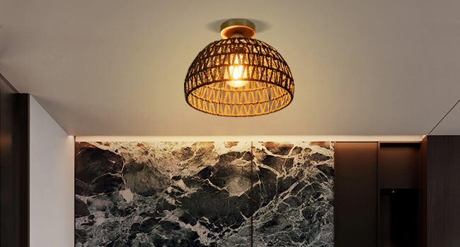 Woven Rattan Flush Mount Ceiling Light