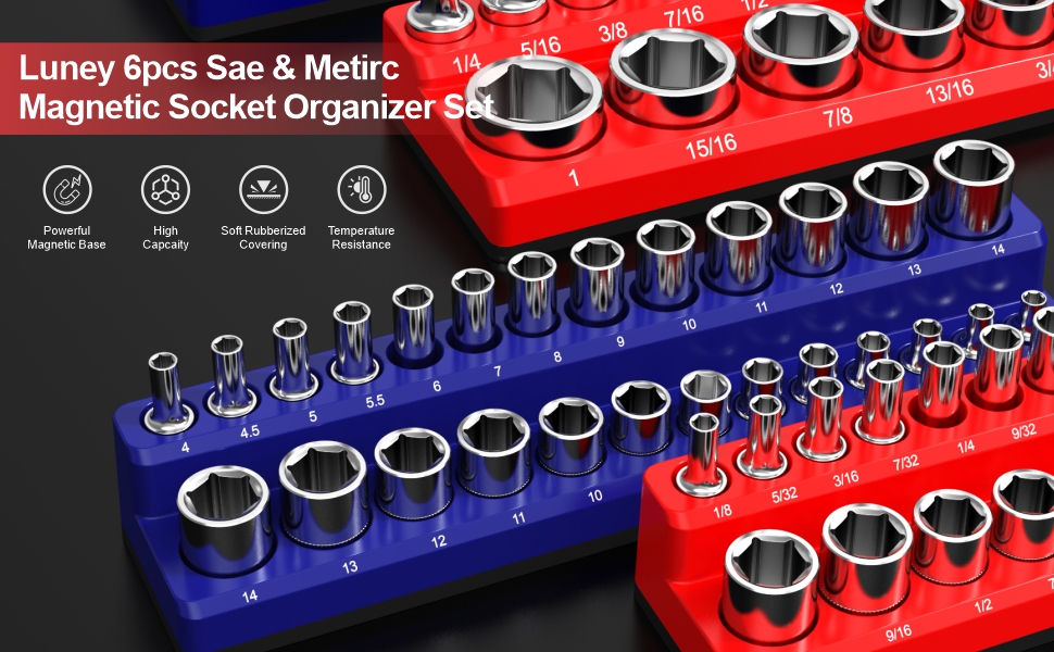 Luney 6PCS SAE& METIRC Magnetic Socket Organizer Set