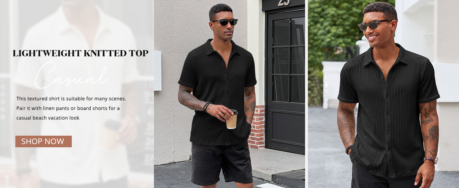 Runcati Men's Casual Button Down Shirts Short Sleeve Textured Shirt Summer Beach Tops