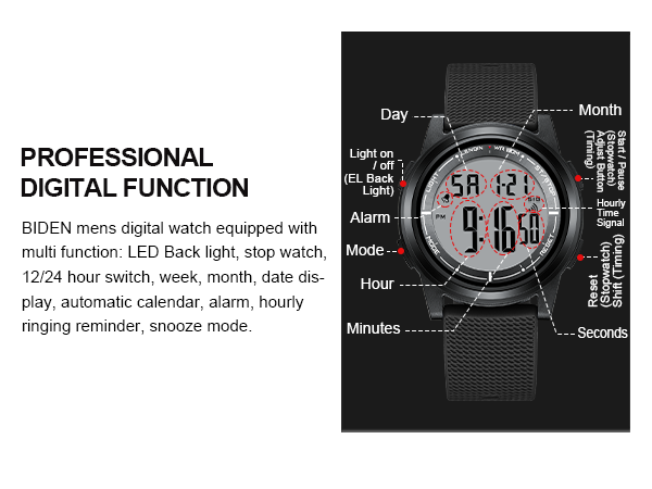 Digital watch display diagram showing LCD screen features including day, month, hour, minutes, seconds, with labels for various function buttons and modes.