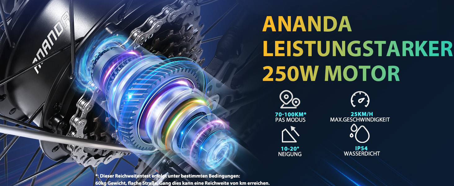 Technische Abbildung des Ananda 250-W-Motors mit blau beleuchteten Komponenten und Symbolen, die auf Leistungsmerkmale hinweisen