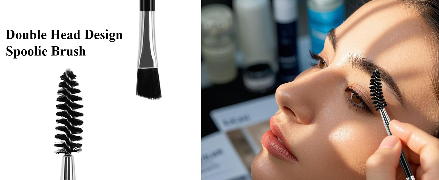 Double-headed spoolie brush for eyelashes and eyebrows. Features spiral bristles on one end and flat brush on the other. Shown in use on a person's eyelashes.