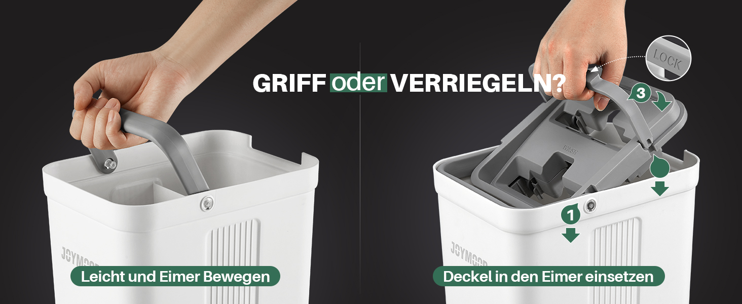 Geteiltes Bild eines weißen Behälters mit Griff. Links: Behälter zum Handheben. Rechts: Von Hand einführbarer Deckel mit grünen Knöpfen. Deutscher Text sichtbar