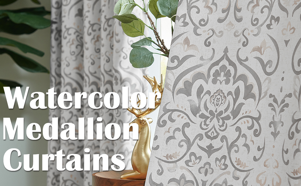 Lazzzy Gray Damask Full Blackout Curtains 63 Inch Length, Grey Floral