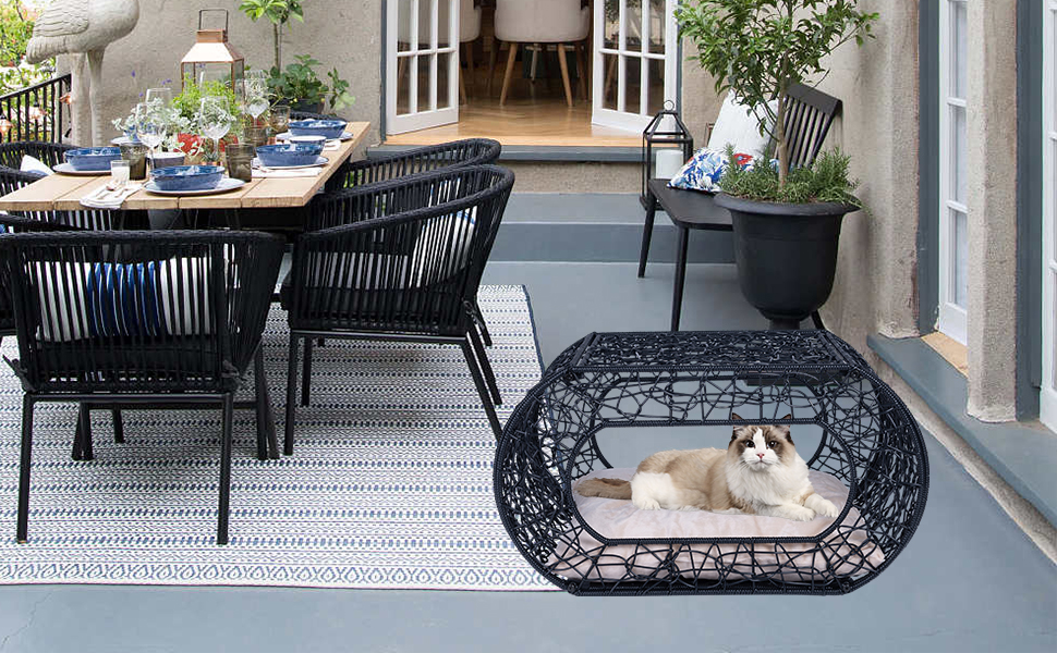 OEHID Wicker Cat Beds Condo for Indoor Outdoor, Rattan Cat