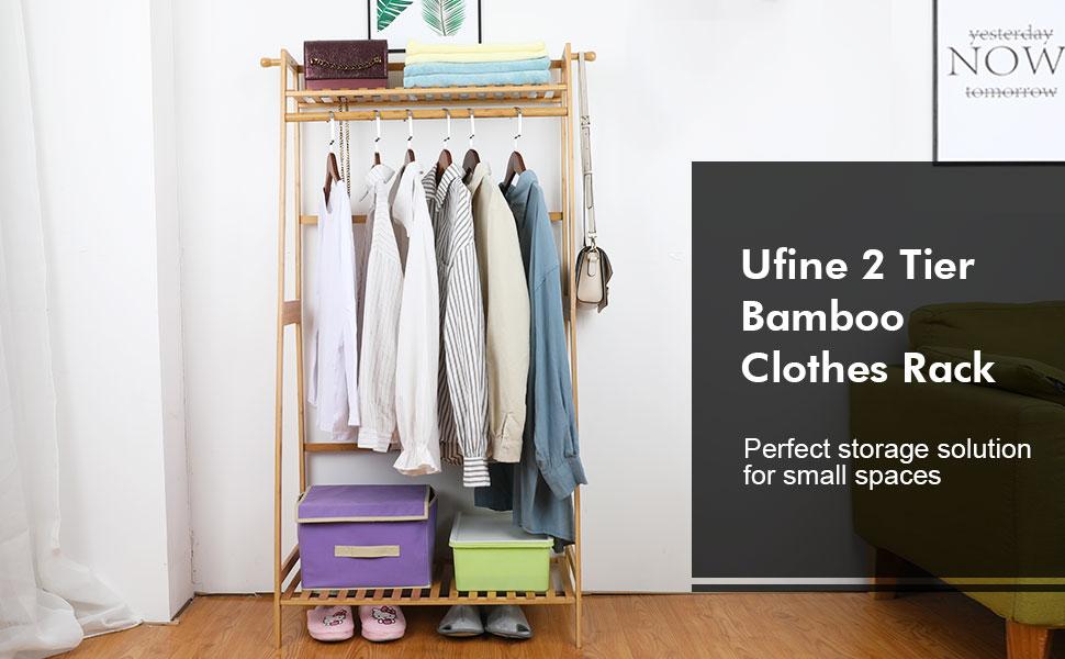 Ufine Bamboo Clothes Hanging Rack with 2 Tier Storage Shelves