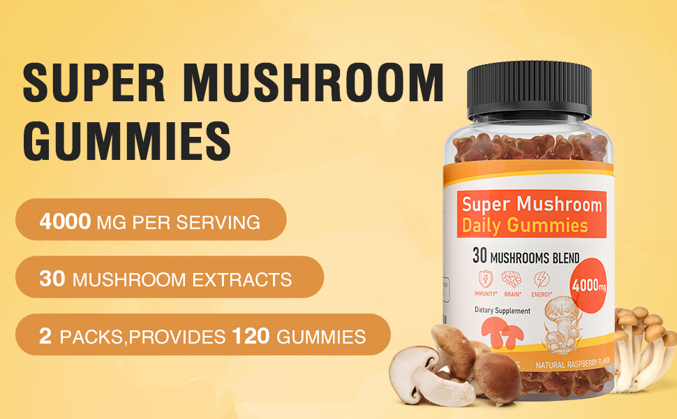 Mushroom Gummies 4000mg 30 Mushroom Blend Gummies with Lions Mane,Cordyceps,Reishi