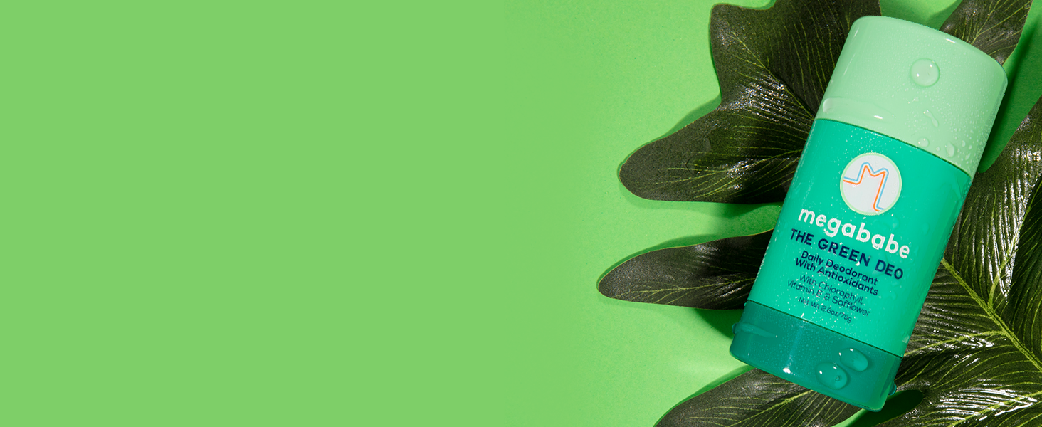 Megababe green deo on green background.