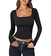 ANRABESS Women Double Lined Long Sleeve Crop Tops Shirts Square Neck Tight Fitted Going Out T-Shi...