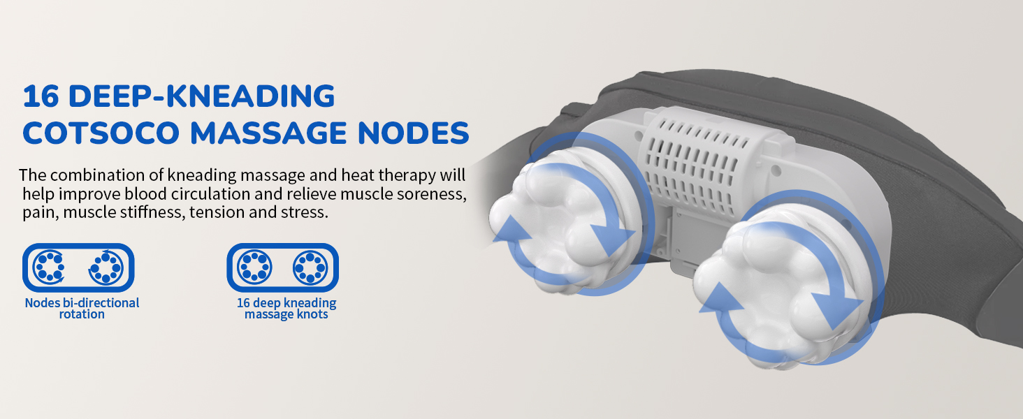 Massage device with 16 deep-kneading nodes, designed to improve circulation and relieve muscle soreness. Features rotating massage heads with blue motion indicators.