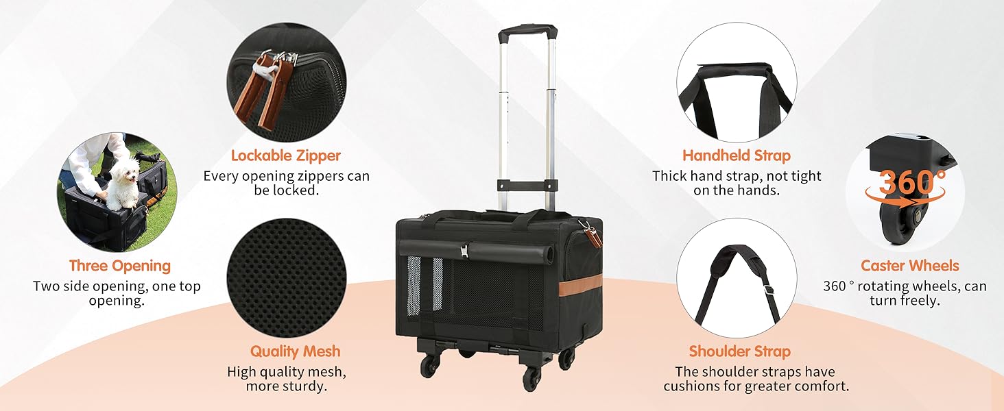 zipper lock, top opening, handheld strap and shoulder strap