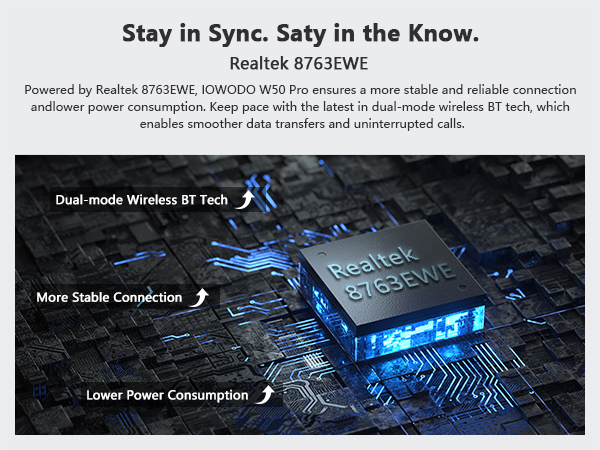 Text reads 'Stay in Style, Stay in the know', 'FireLink SYSTEM', 'Dual mode Wireless BT tech', 'More Stable Connection', 'Lower Power Consumption'. Technical marketing image with blue circuit board graphics.