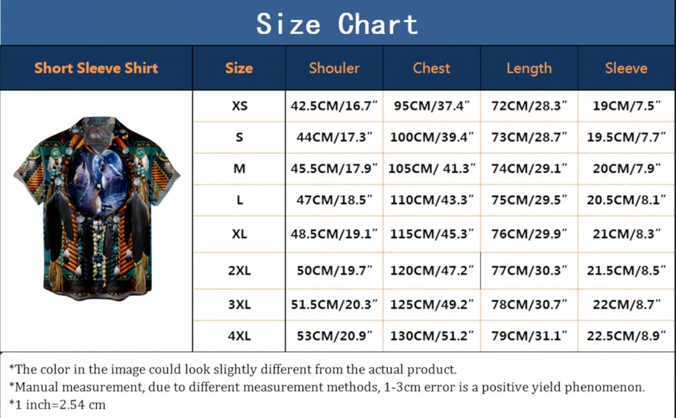 Native American Indians Shirt Size Chart