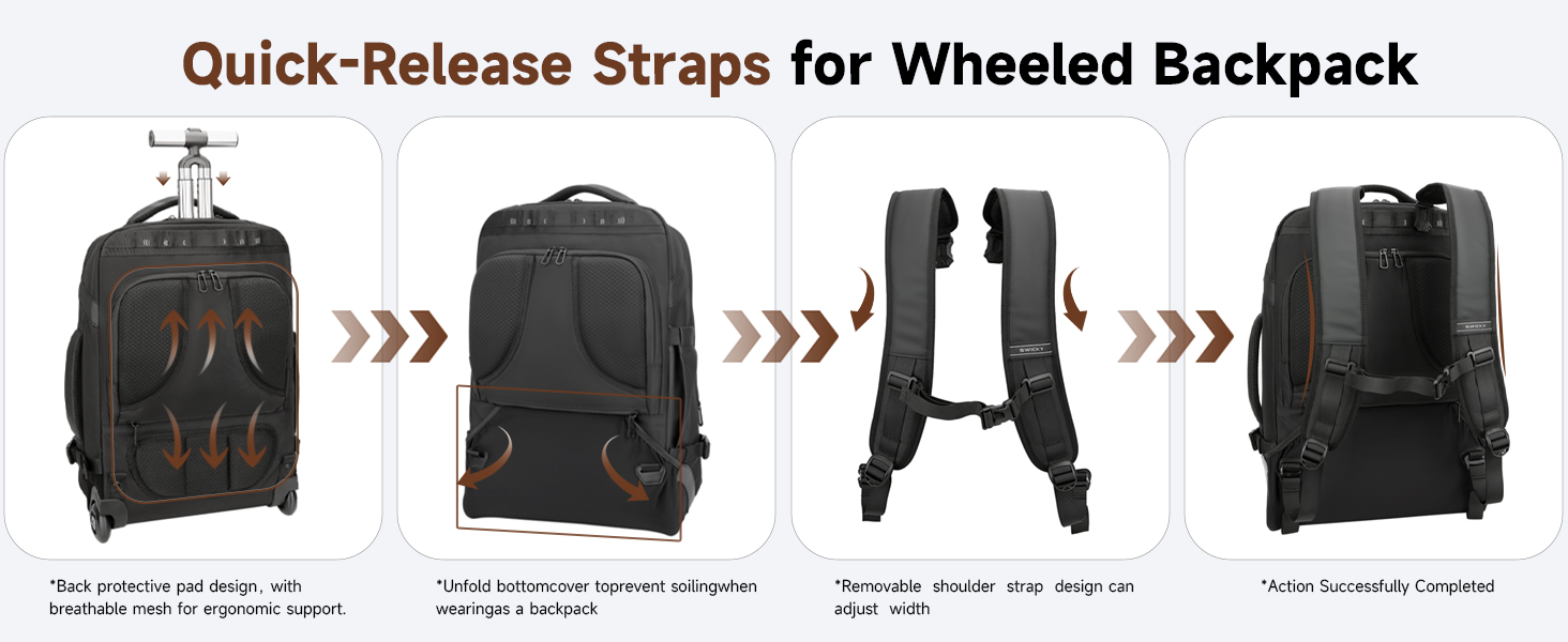 The SWICKY RICOOI BACKPACK WITH WHEELS features 3-Level Adjustment System