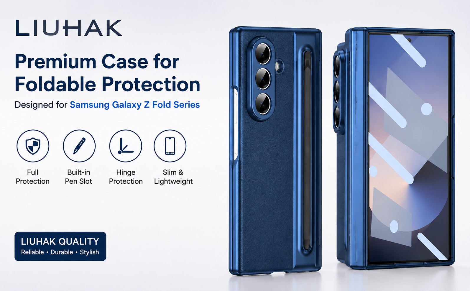 Luxury Vegan Leather Case for Samsung Galaxy Z Fold 5 (Blue) – Ultra Slim Protective Cover with S Pen Holder & Raised Camera Guards