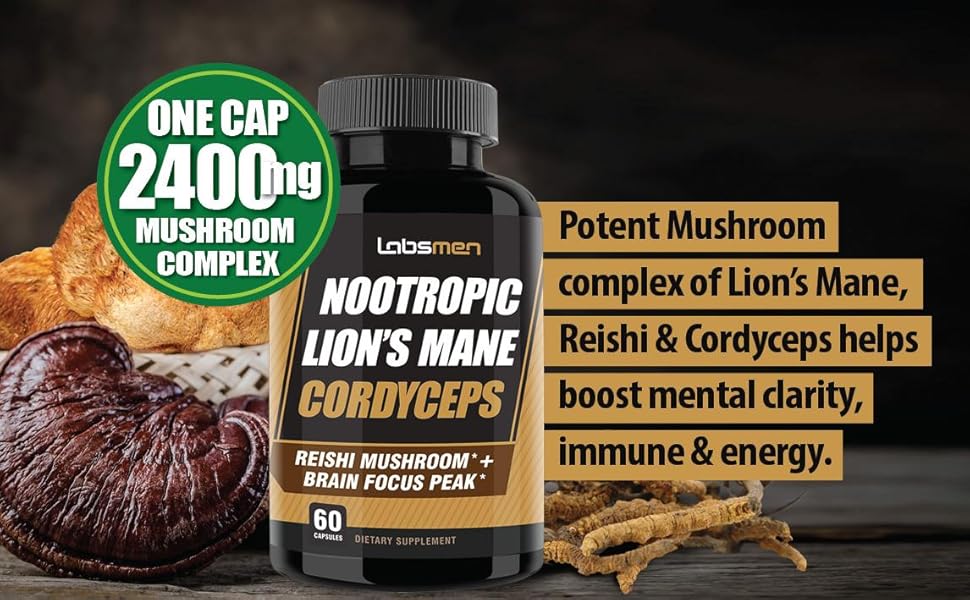Potent Mushroom complex of Lion's Mane,Reishi Cordyceps helps boost mental clarity immune & energy