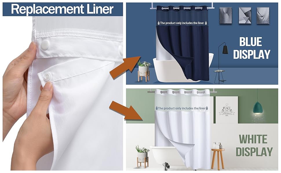 KONZENT Snapin Shower Curtain Liner Replacement Removable Liner 70" W