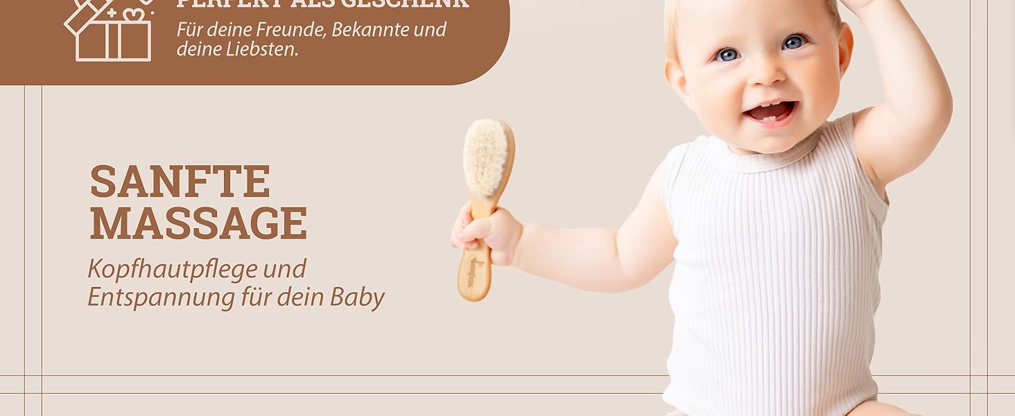 Babyhaarbürste aus Holz mit weichen Borsten für sanfte Massage und Kopfhautpflege. Das Produkt ist mit einem lächelnden Baby abgebildet, das ein weißes Oberteil trägt