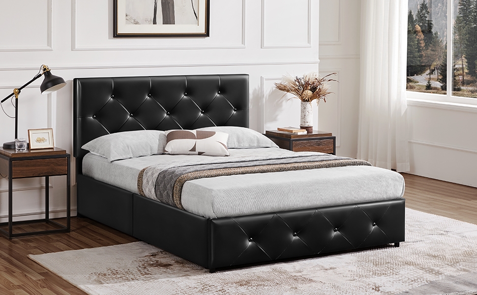 Black leather upholstered bed frame with tufted headboard and footboard. Queen-size mattress, white bedding, and wooden nightstands in a bright bedroom setting.