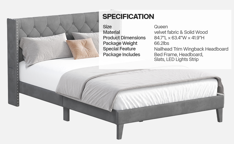 DOGIBIXO Queen Size Bed Frame with LED Lights, Upholstered