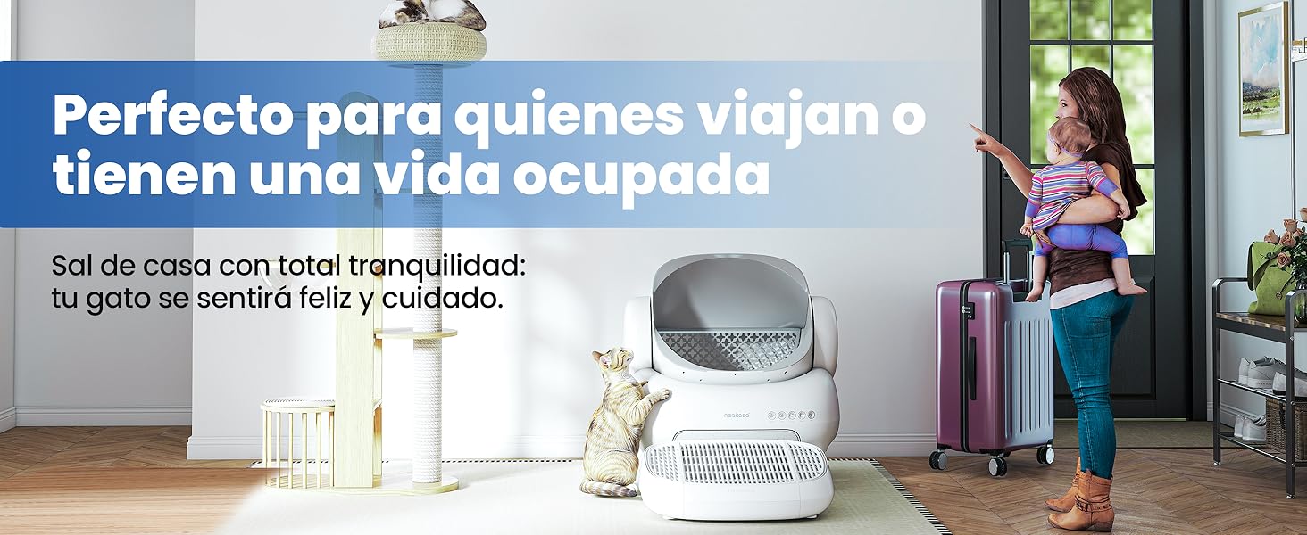 El texto dice «Perfecto para quienes viajan o tienen una vida ocupada». Banner azul con publicidad en texto blanco en español.