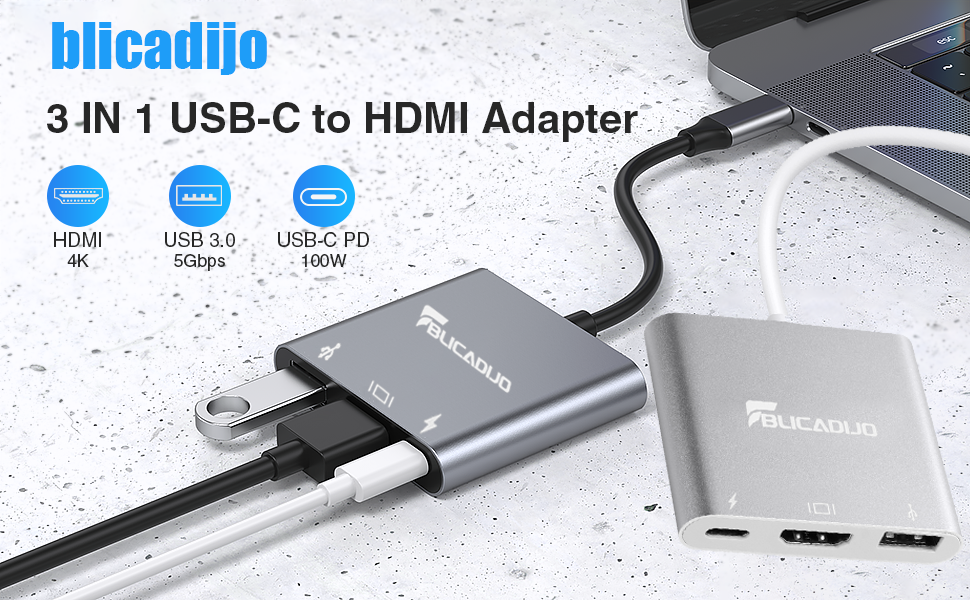 USB C to HDMI Adapter 4K, 3 in 1 HDMI to USB C Adapter with USB 3.0