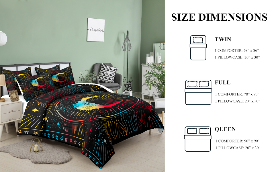 NINENINE Colorful Sun and Moon Bedding Sets Queen Size for