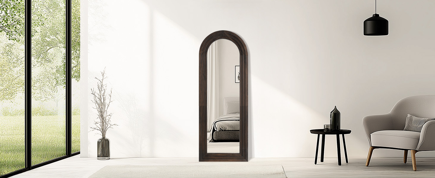 MELOMOIR Arched Full Length Mirror with Solid Wood Frame, Rustic Farmhouse Floor Mirror with Stand, Free Standing Leaning Hanging, for Bedroom Living Room Dressing Room