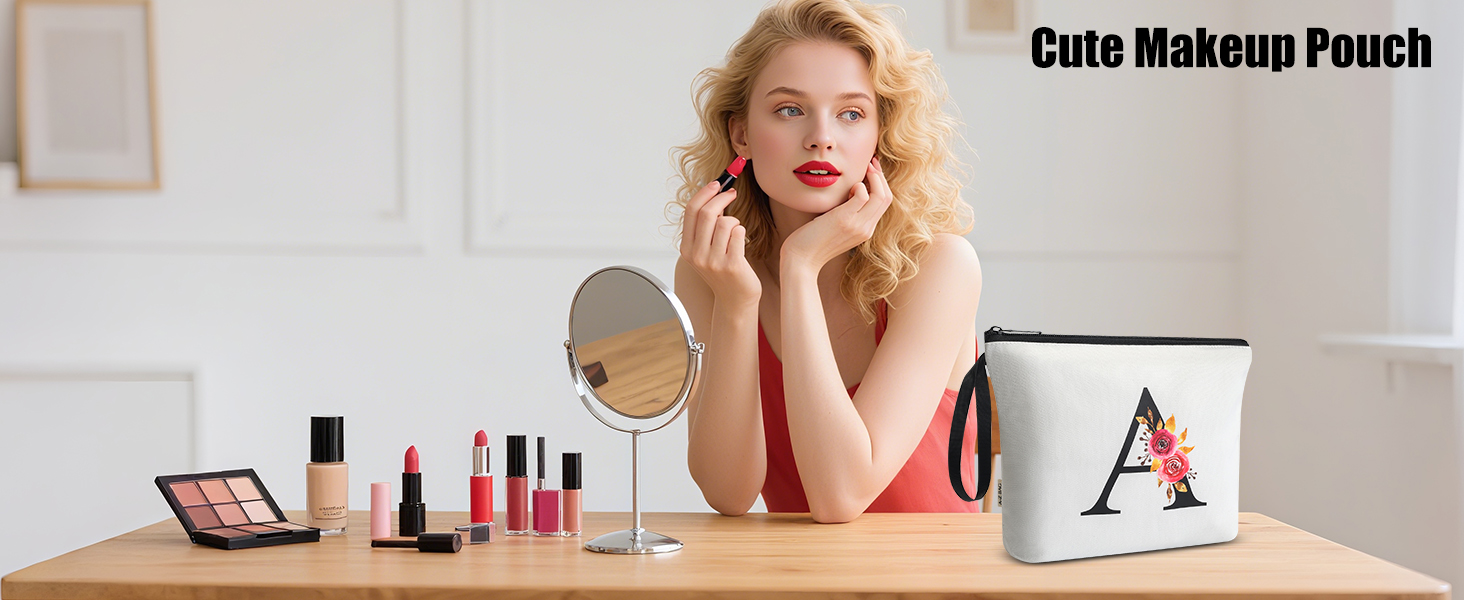 Text reads 'Cute Makeup Pouch'. Digital illustration of red circular pouch design with grey owl character decoration.