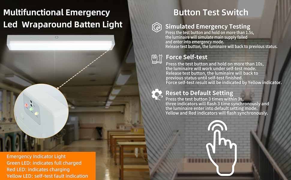 2FT LED Wraparound Emergency Batten Light Fixture with Indicator Light and Button Test Switch