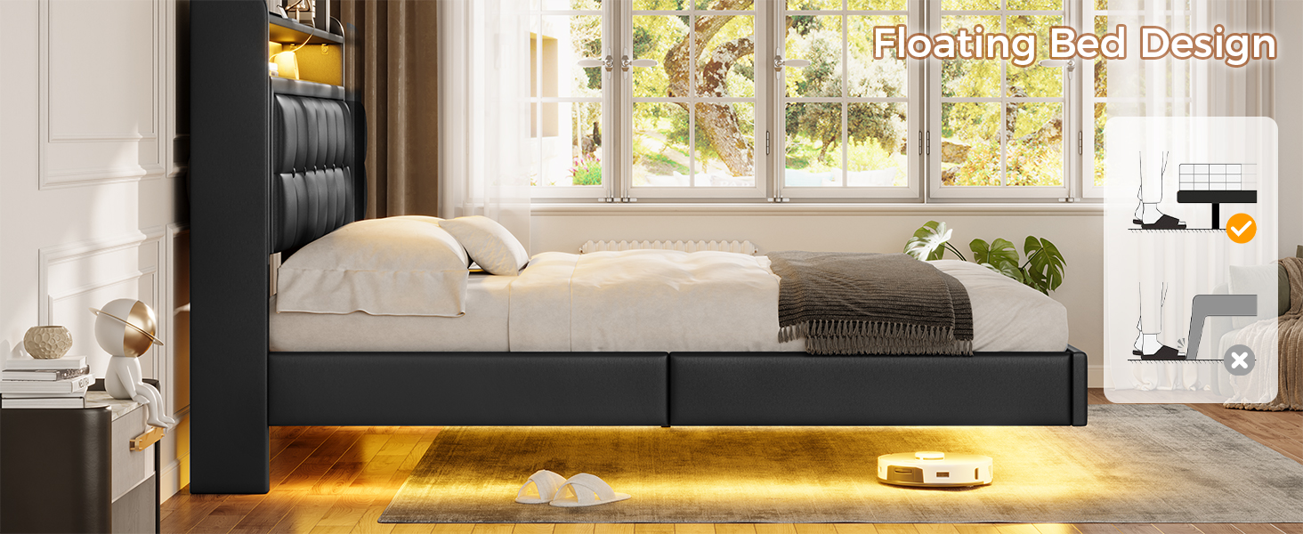 AOGLLATI Floating Bed Frame Queen Size with Storage