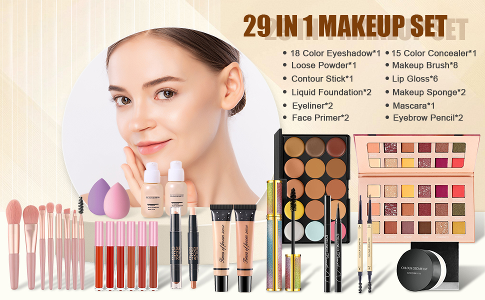 «SET DE MAQUILLAJE 29 EN 1» con una colección completa de cosméticos que incluye paletas de sombras de ojos, pinceles, bases y varias herramientas de maquillaje.