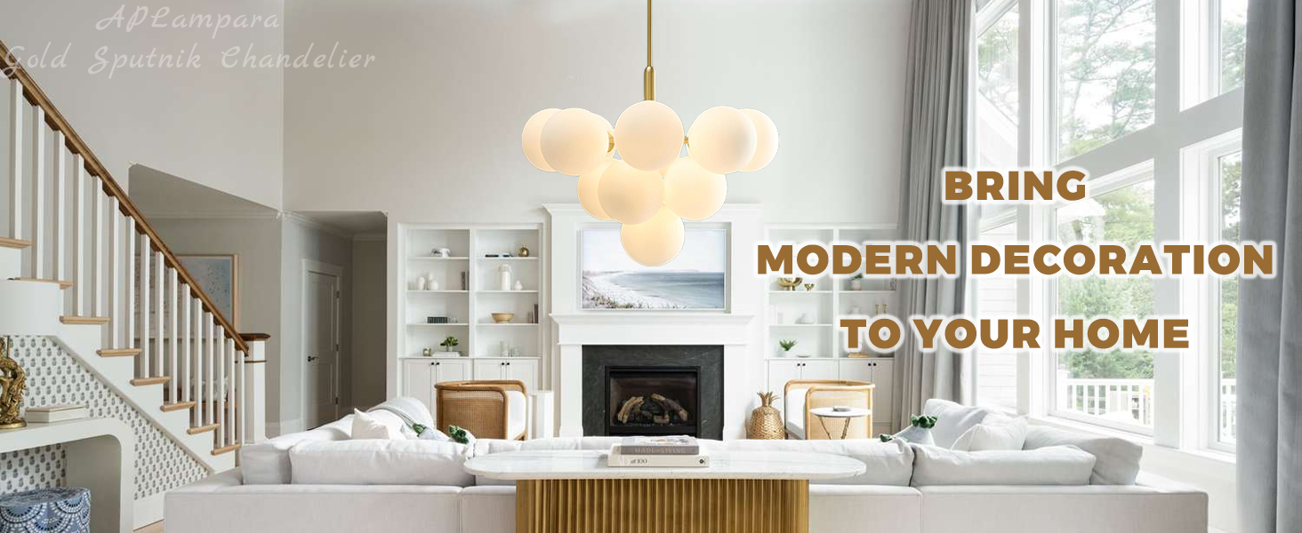 Mid Century Modern Chandelier 13-Light Brass Gold Pendant Lighting Fixture