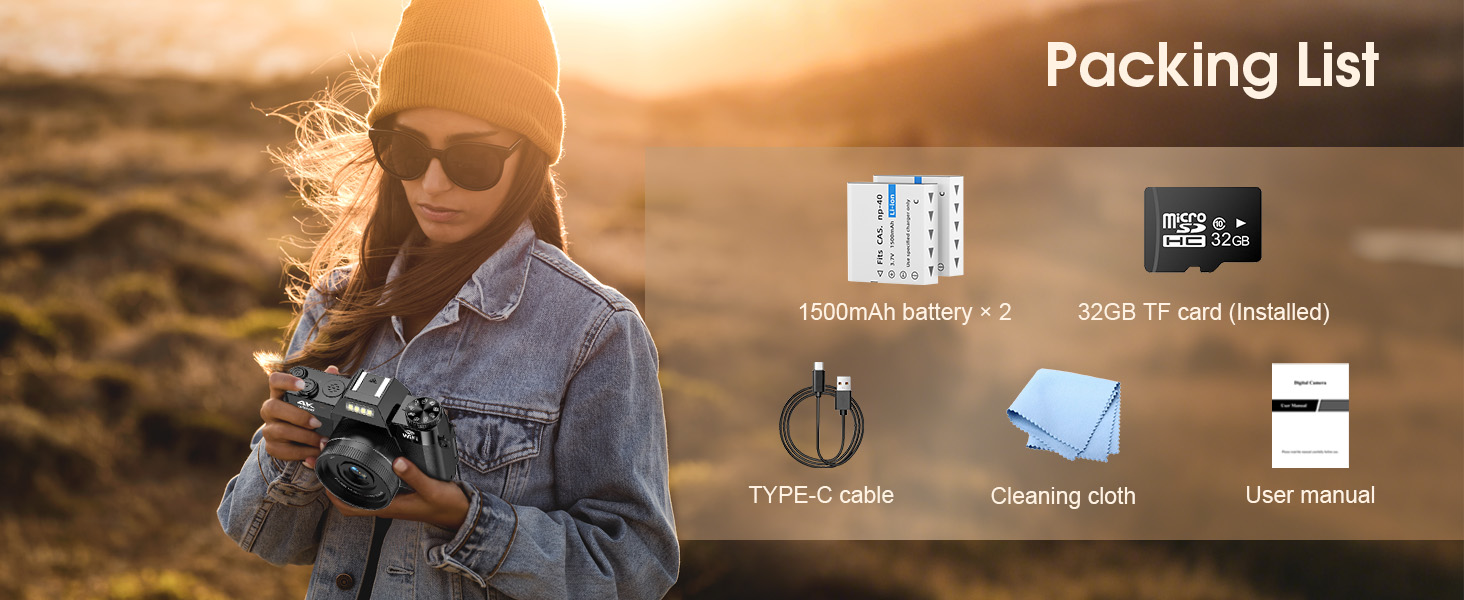 Der Text lautet „Bild 2“ und „Packliste“. Szene im Freien bei Sonnenuntergang mit aufgestellten elektronischen Geräten und Reiseartikeln, einschließlich Mobilgerät, Ladekabel und anderem Zubehör.