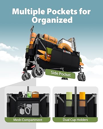 Collapsible utility wagon with multiple storage compartments. Features side pockets, mesh compartment, and dual cup holders. Orange and black design with wheels for mobility.